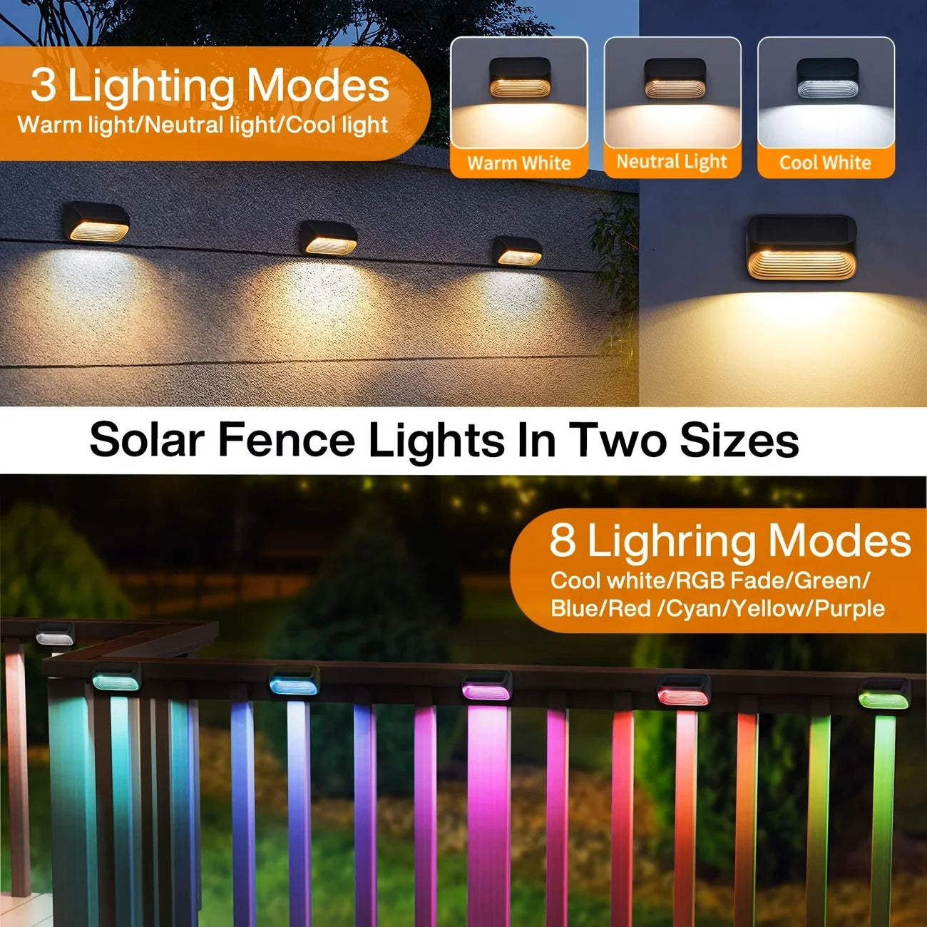 Solar Wall Lamp Solar Fence Lights with Warm White RGB Modes For Backyard Patio Deck Railing Wall Outdoor Waterproof Decor Light