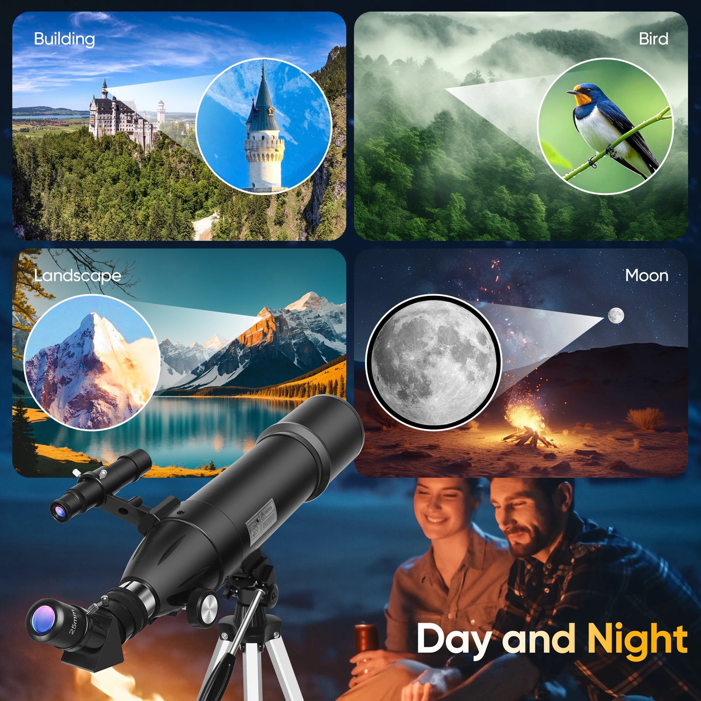 80mm Aperture 600mm Focal Length Refractor Astronomical Telescope, Suitable for Adults and Beginners, 180X Magnification, Comes with a Tripod, Phone Holder, and Storage Bag
