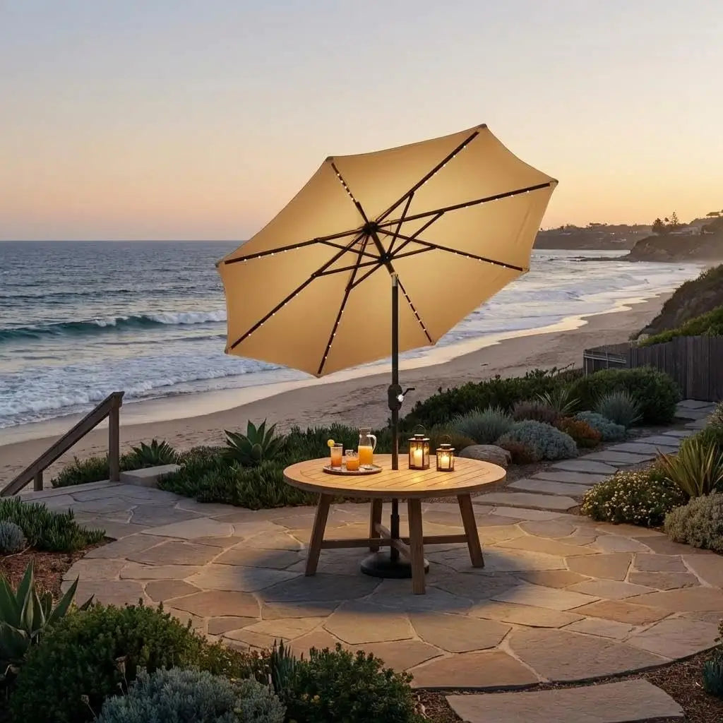 10 ft Patio Umbrella with 40 Solar LED Lights, Outdoor Market Umbrella with Push-Button Tilt and Crank, Powder-Coated Steel Pole 8 Sturdy Ribs Waterproof for Garden, Deck, Backyard, Pool, Tan