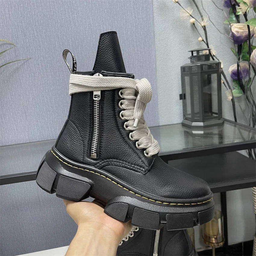 2026 Trend Men High Top Genuine Leather Boots Lace Up Thick Platform Height Increasing Warm Daily Casual Walking Footwear