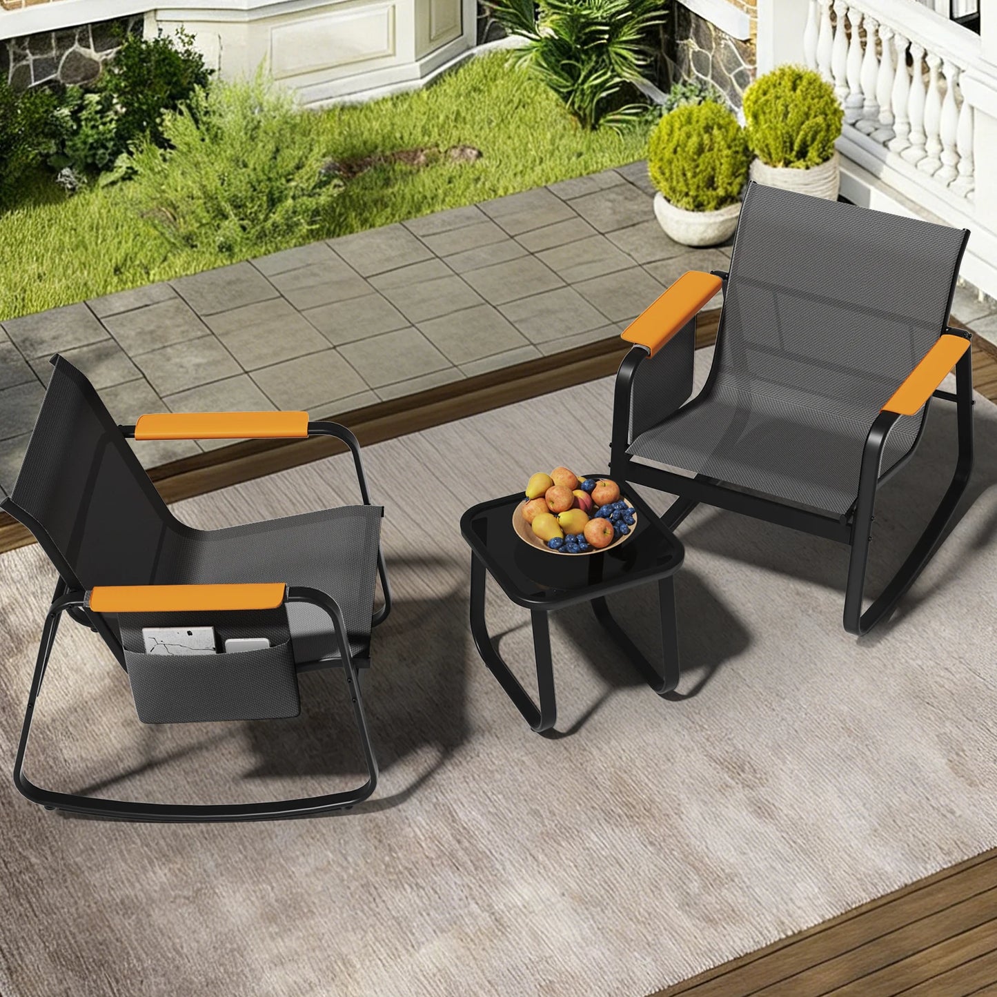 3-Piece All-Weather Outdoor Bistro Conversation Set,Breathable Textilene Rocking Chairs with Wide Armrests & Side Storage Pockets, All-Weather Furniture with Glass Side Table for Backyard