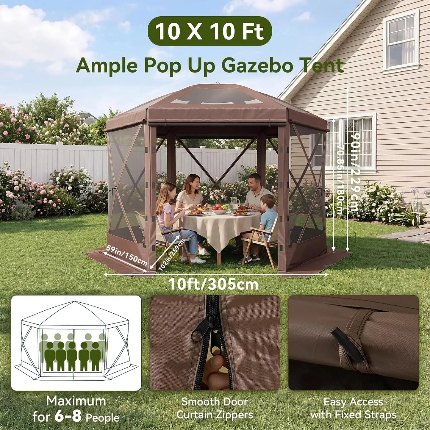 Aoxun 12x12FT Pop Up Tent Removable Top 6 Screen Pavilion Mesh Windows Windcloth Portable Outdoor Awning Instant Setup Brown For Camping Backyard Lawns