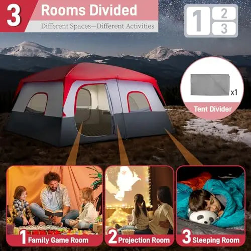 14-Person 2-Room Cabin Tent With Divider Waterproof Windproof Camping Shelter Red White