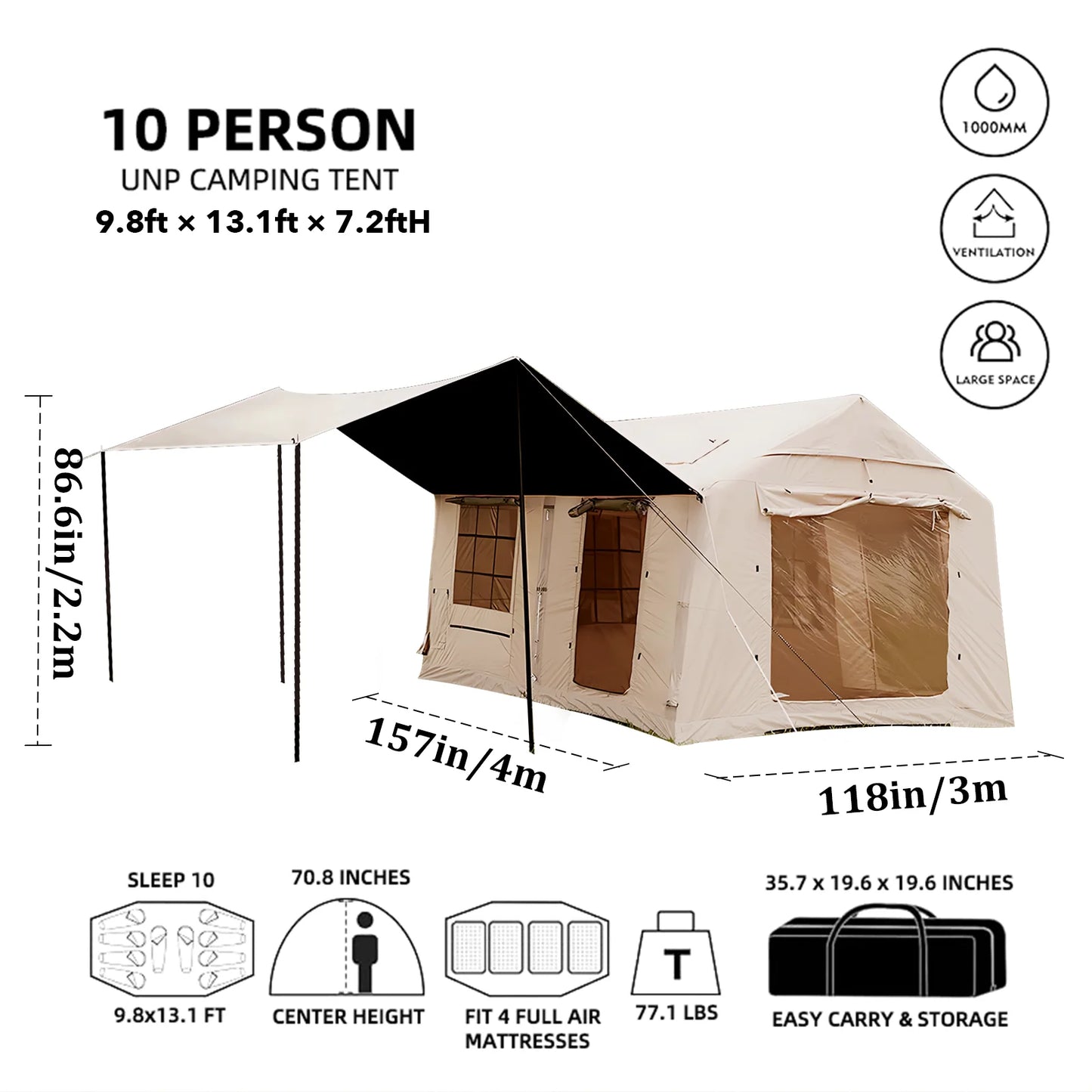 SENLEETO Inflatable Camping Tent Canopy And Stove Jack Mesh Windows