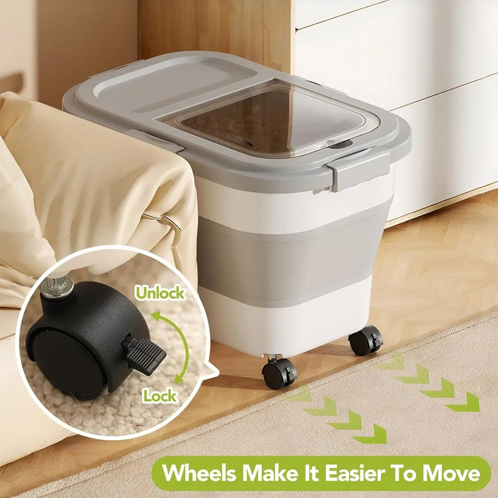 Collapsible Pet Food Container With Airtight Lid And Roller Wheels