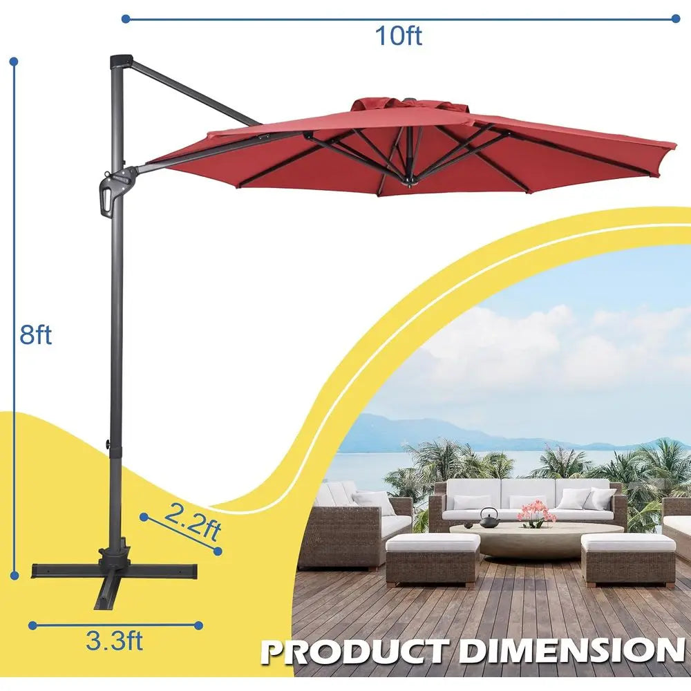 10ft Rotating Cantilever Umbrella with 360° Swivel, 8 Ribs, Fade-Resistant, Waterproof for Outdoor Patio, Garden, Poolside