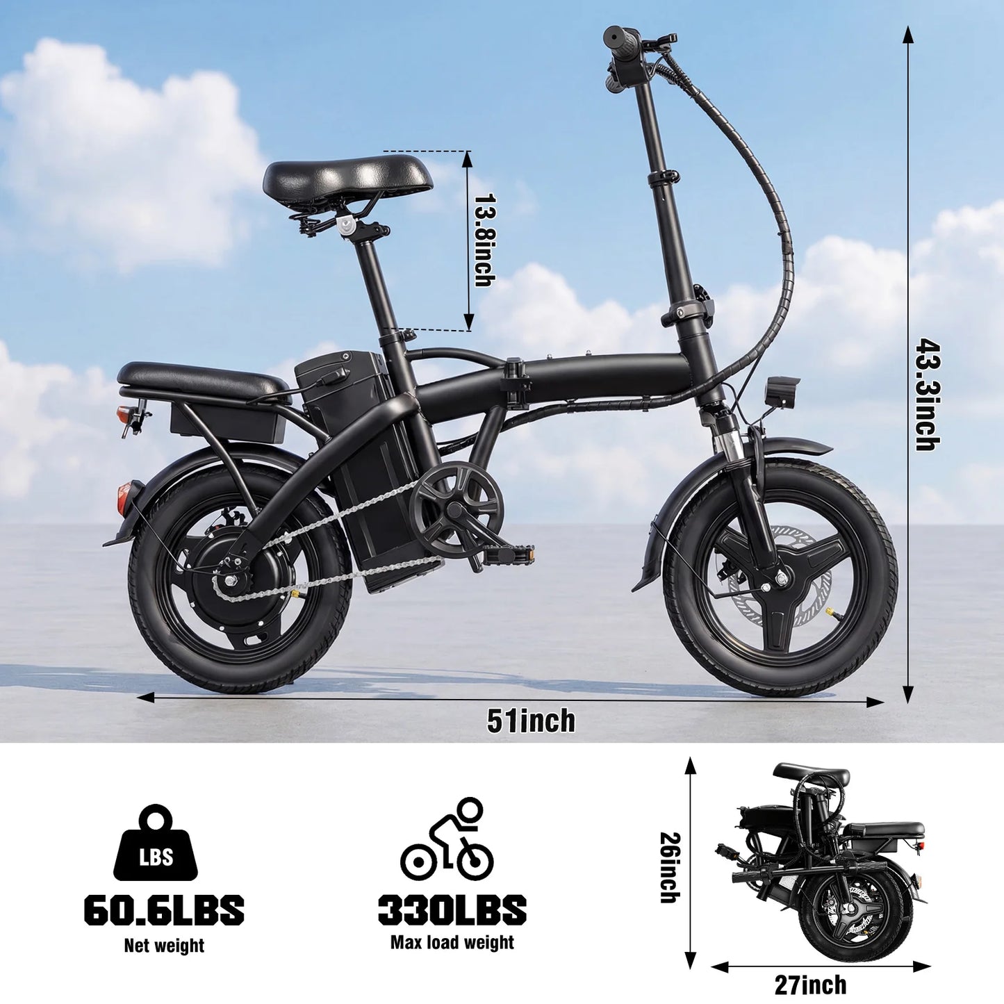 Foldable Electric Bike for Adults,23MPH & 38Miles Long Range Electric Bicycles,500W Motor 48V/12Ah Battery,14" Folding Mini ebikes for Teens,3-Speed & PAS Mode, Commuter City Certified E-Bike