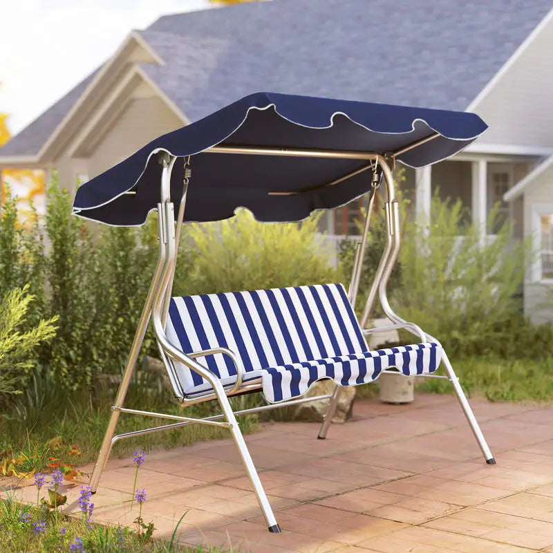 3-Person Porch Swing with Canopy, Patio Swing Chair, Outdoor Canopy Swing Bench with Adjustable Shade, Cushion and Steel Frame, Dark Blue & White Striped