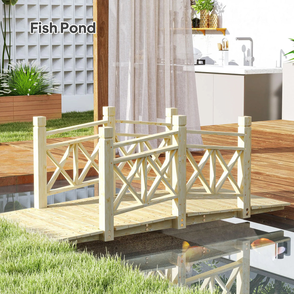 5 ft. Wood Garden Bridge with Safety Handrails Backyard Bridge, Nature Wood