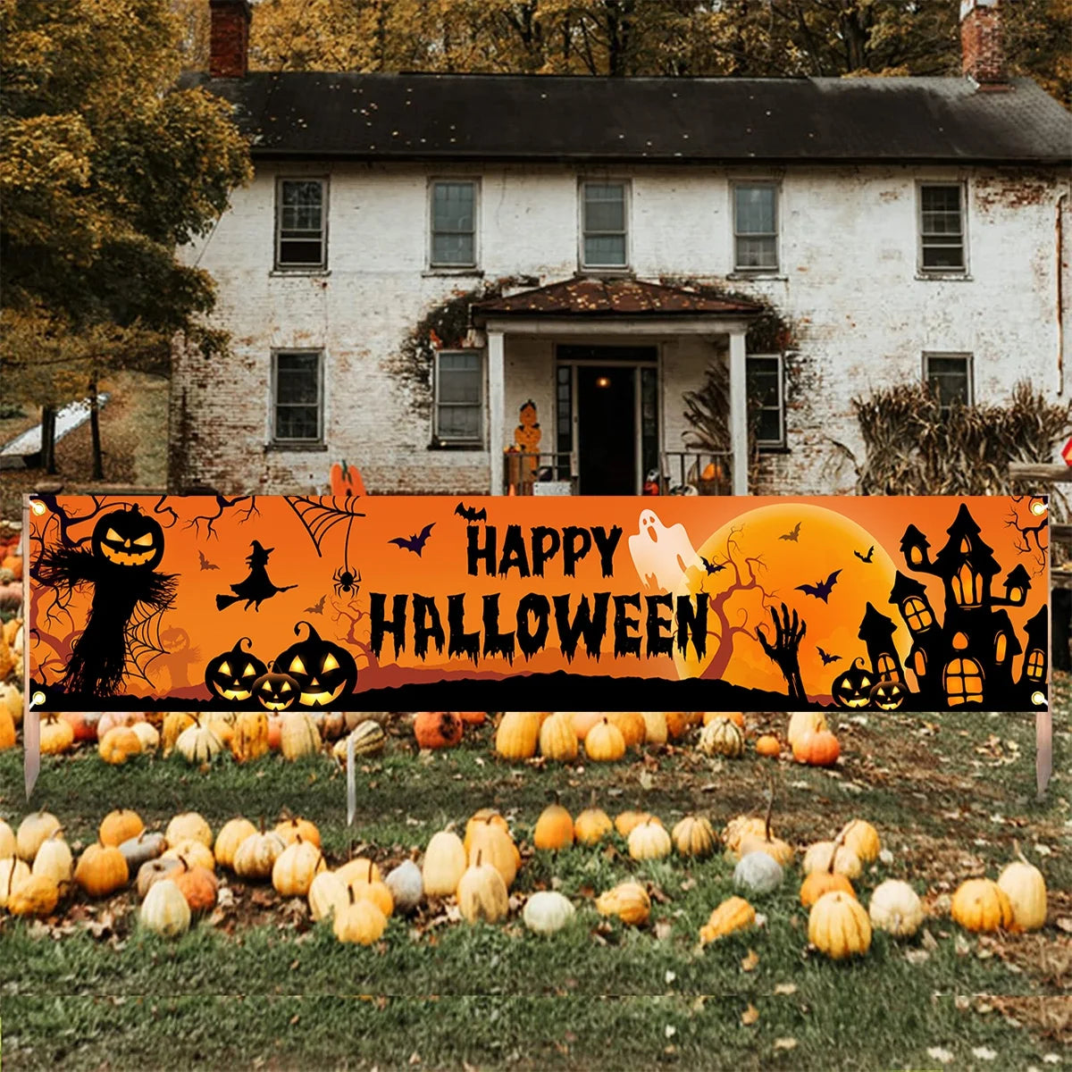 Halloween Outdoor Banner With Pumpkin And Bat Party Backdrop