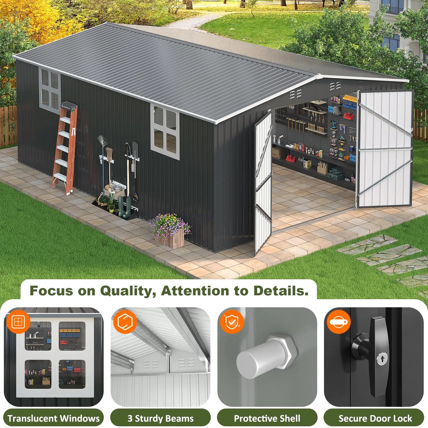 VIWAT 10x10~12x18FT Outdoor Metal Storage Heavy-Duty Frame Shed w/ Lockable Door, Heavy-Duty Tool Shed For Backyard Patio Graden