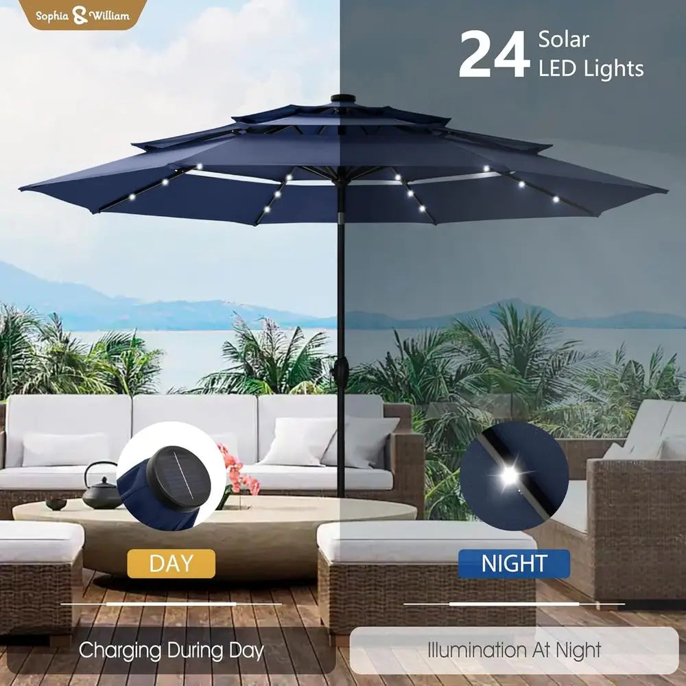 Outdoor 3-Tier Vented Patio Umbrella with 24 LED Lights, Adjustable for Pool, Garden, Navy Blue
