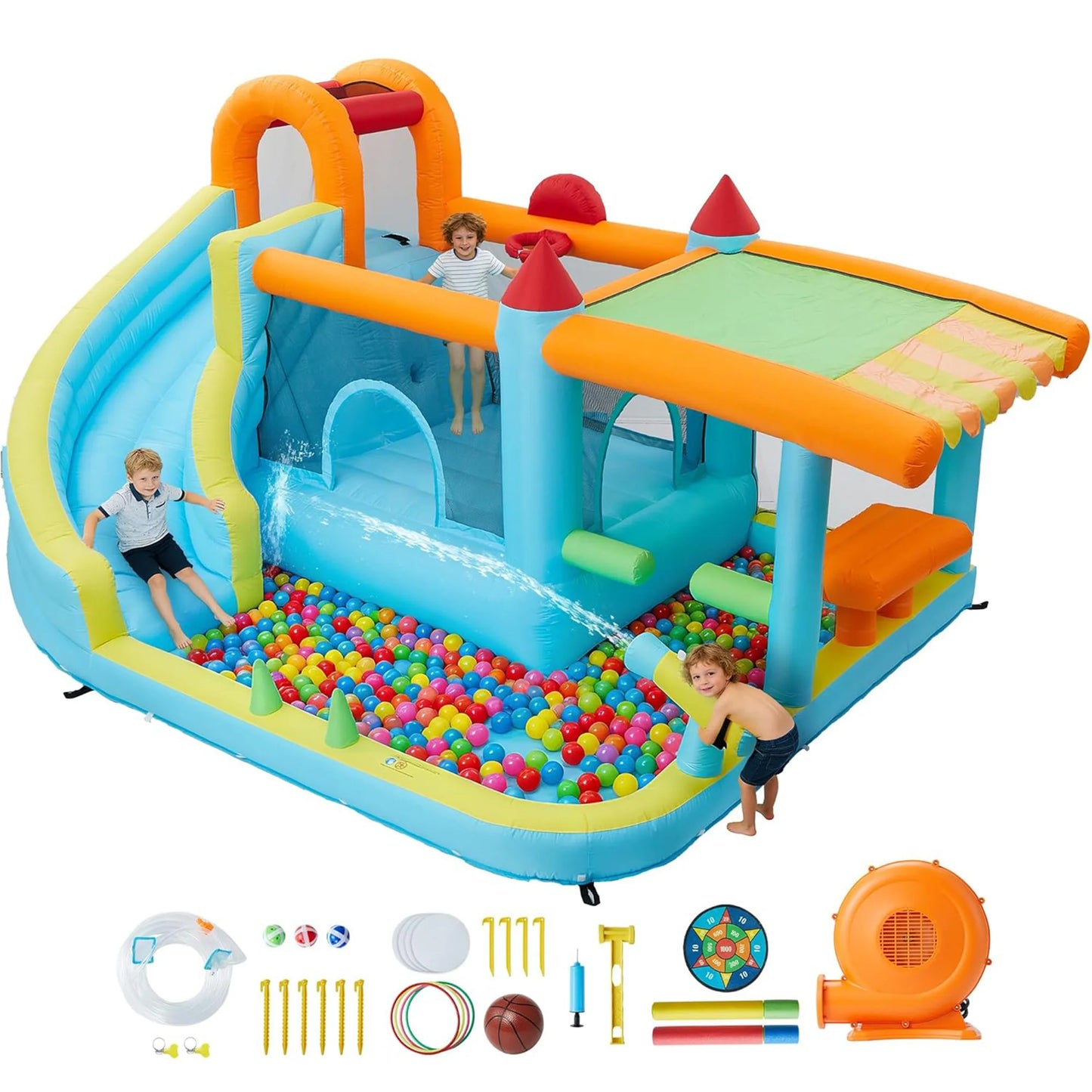 14FT Kids Bounce House With Slide & 450W Blower, 12-in-1 Inflatable Water Bouncer For Backyard Indoor Outdoor Party Castle Play
