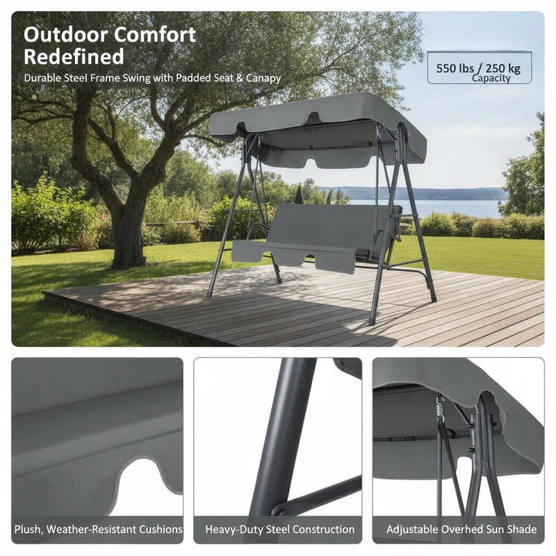 Outdoor Patio Swing Chair, Iron Frame with Oxford Cloth, Sunshade Canopy and Soft Cushions, 250Kg Weight Capacity, Rust-Resistant Stable Structure for Garden Balcony Porch, Dark Gray