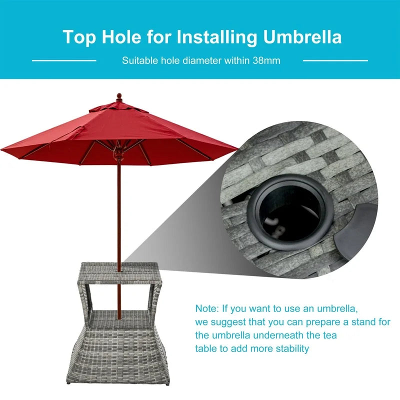 Outsunny Rattan Side Table with Umbrella Hole, 2-Tier Outdoor Storage Shelf, Weather-Resistant Grey Patio Garden Furniture