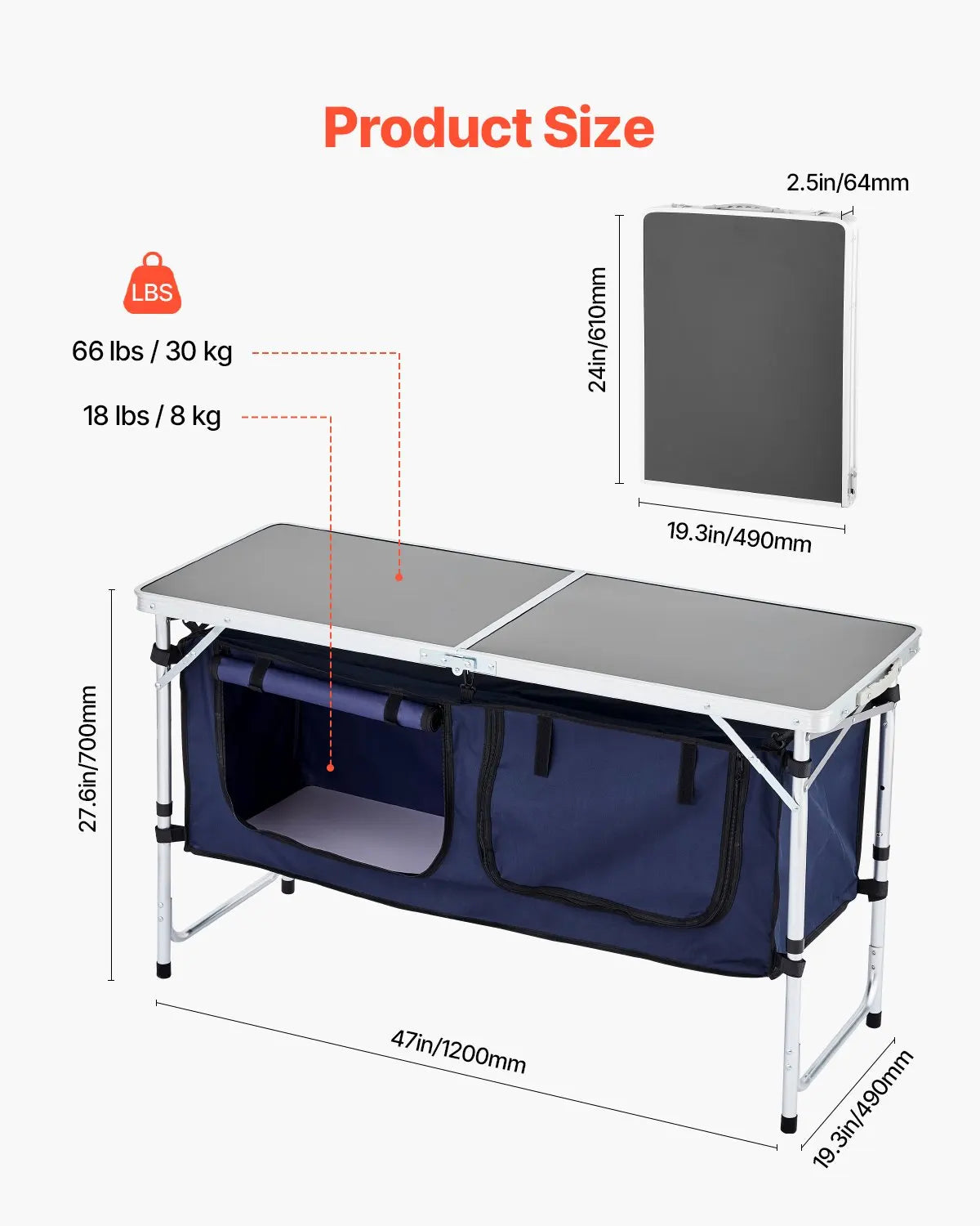 Camping Kitchen Table, Folding Outdoor Cooking Table, 3 Adjustable Height, Aluminum Lightweight Portable Cook Station with Storage Organizer, Carry Handle, for BBQ Party Picnic RV Travel, Blue