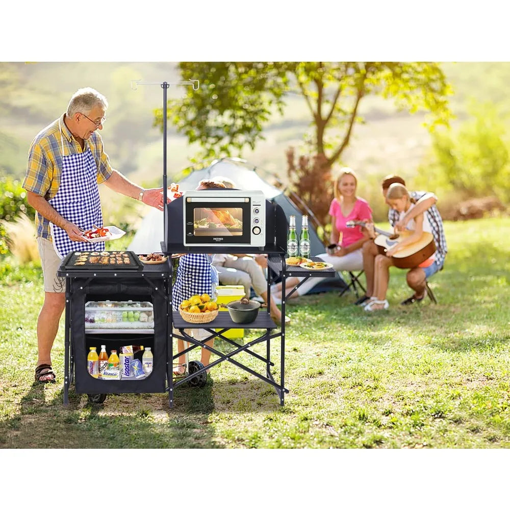 Portable Camping Kitchen Station with Light Stand & Windshield, Foldable Grill Table, Outdoor Cook Organizer, Carry Bag Included (Black)