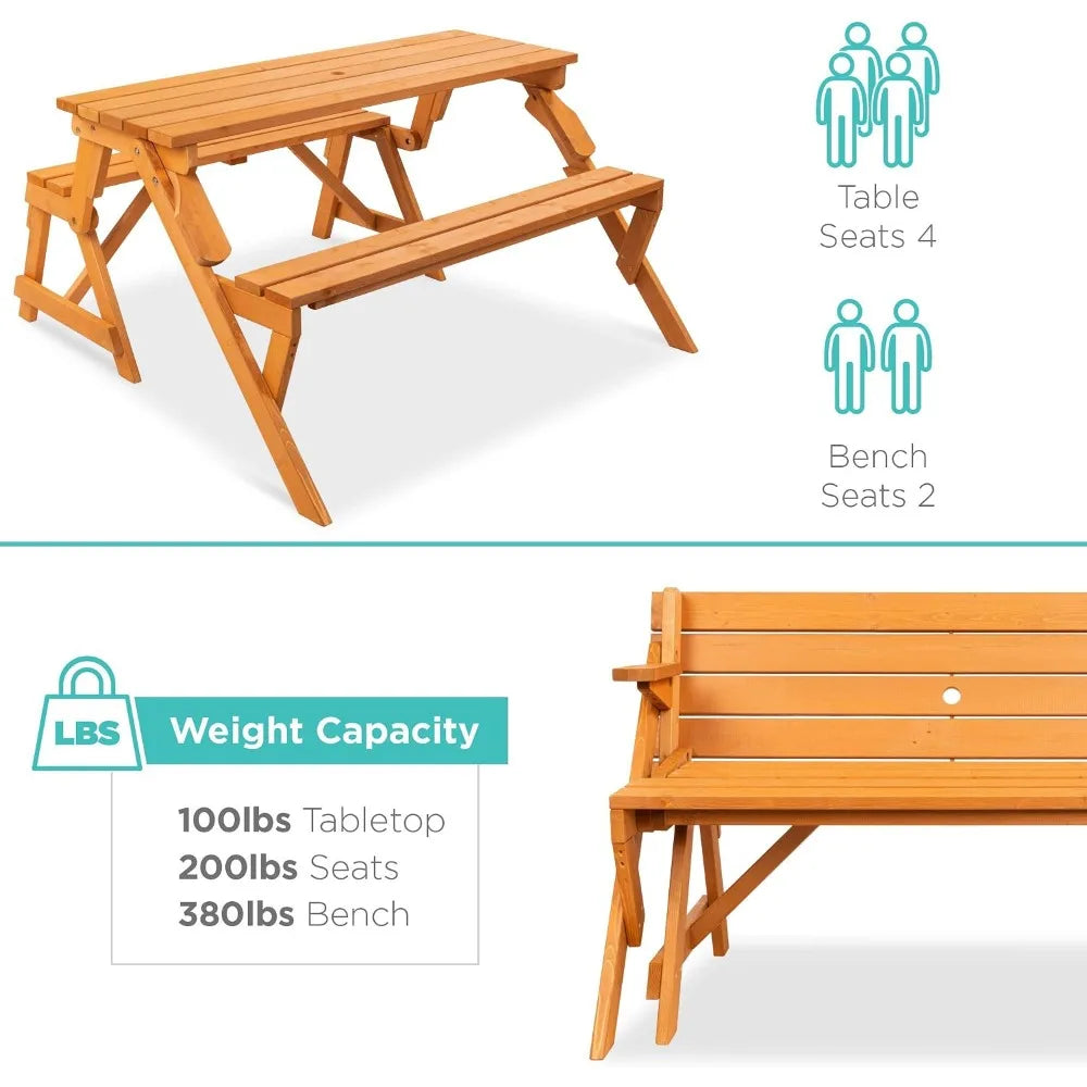 2-in-1 Outdoor Wooden Picnic Table and Bench with Umbrella Hole - Ideal for Backyard, Porch, Patio, Deck