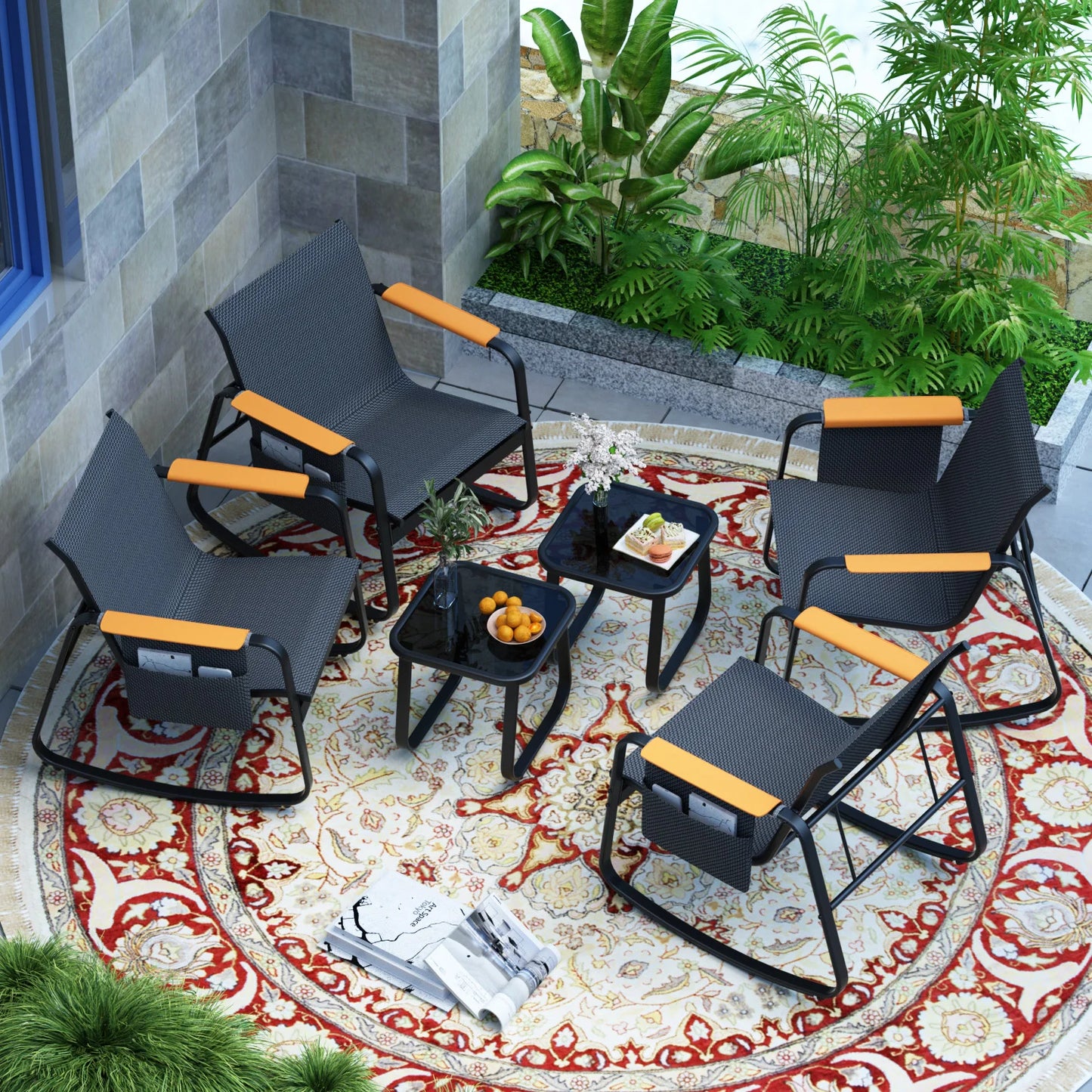 6-Piece Textilene Patio Conversation Set, Outdoor Rocking Chairs with Wide Armrests & Side Storage Pockets, 2 Glass Top Side Tables, Weather Resistant Metal Frame for Backyard Poolside Garden Deck