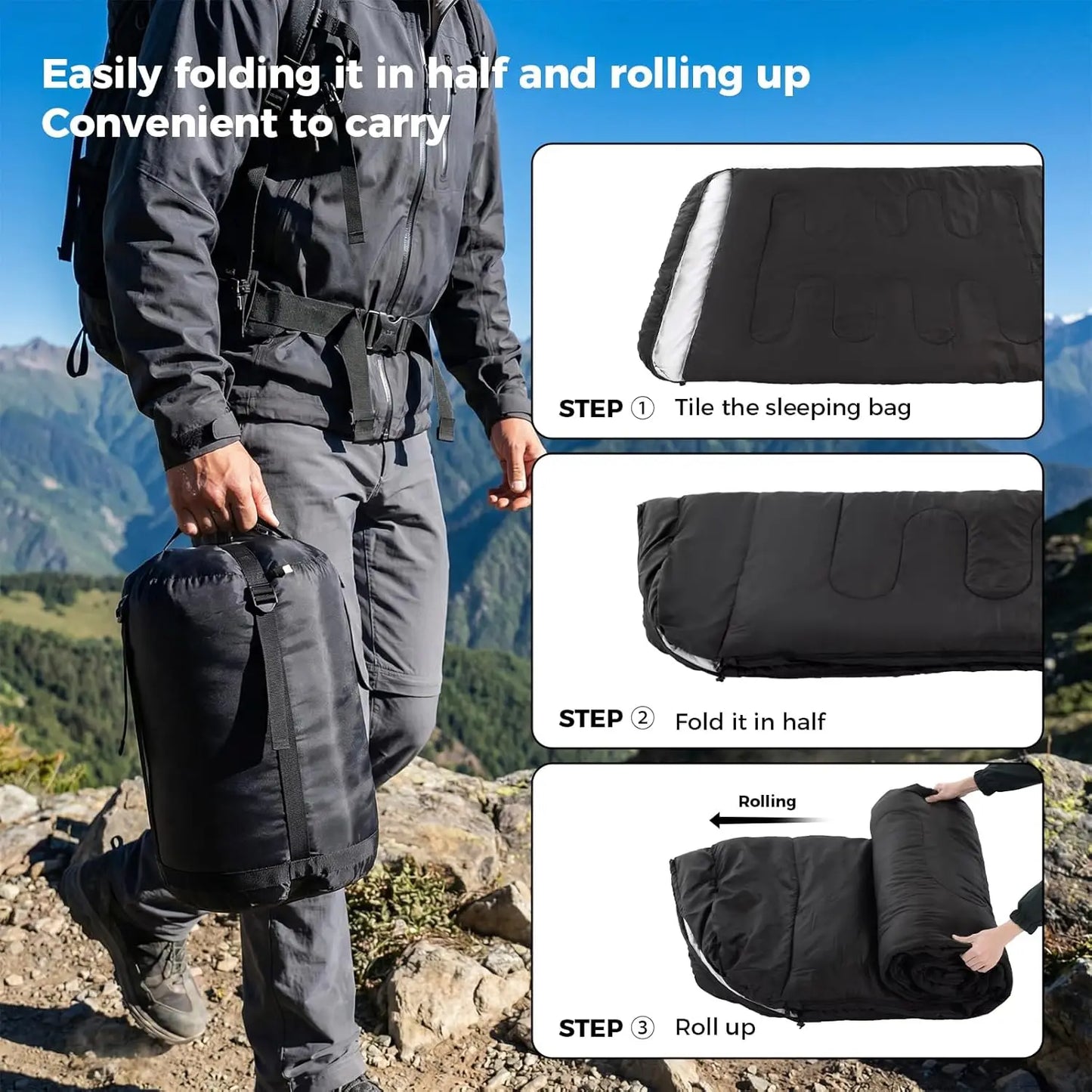 Queen Size 2 Person Lightweight 3 Season Double Sleeping Bag Built-In Pillow Full Zipper Design Warm Cold Weather For Camping Hiking Backpacking