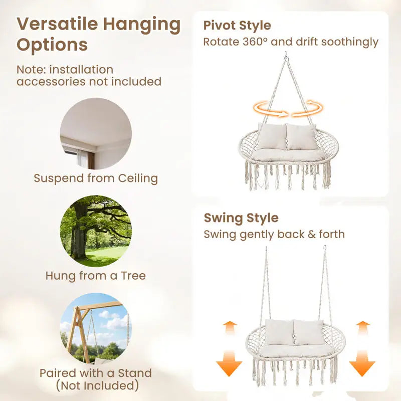 Double Swing Chair with Cushions Macrame Hanging Hammock Chair for Indoor and Outdoor Use-Beige