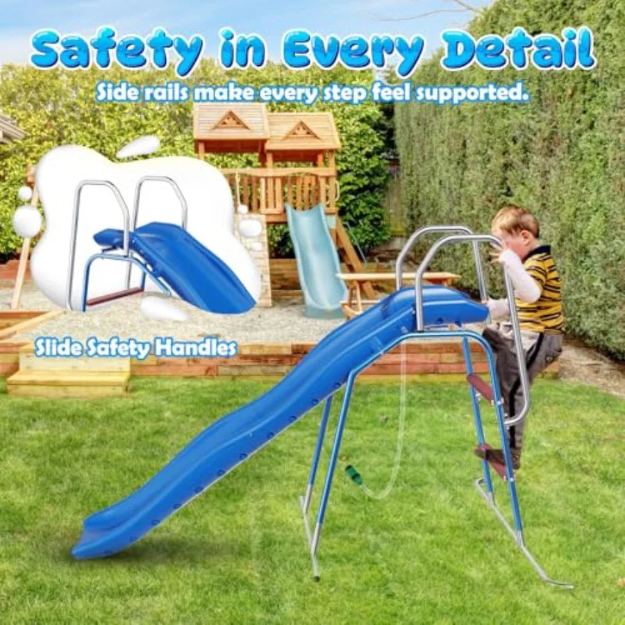 Backyard water slide for kids, PVC material, blue and yellow, 3-zone spray sprinkler with ground tarp for summer outdoor water
