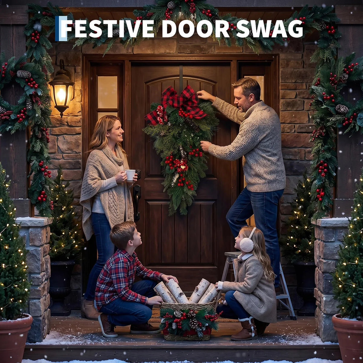 HiMISS Farmhouse Christmas Teardrop Swag With Plaid Bow