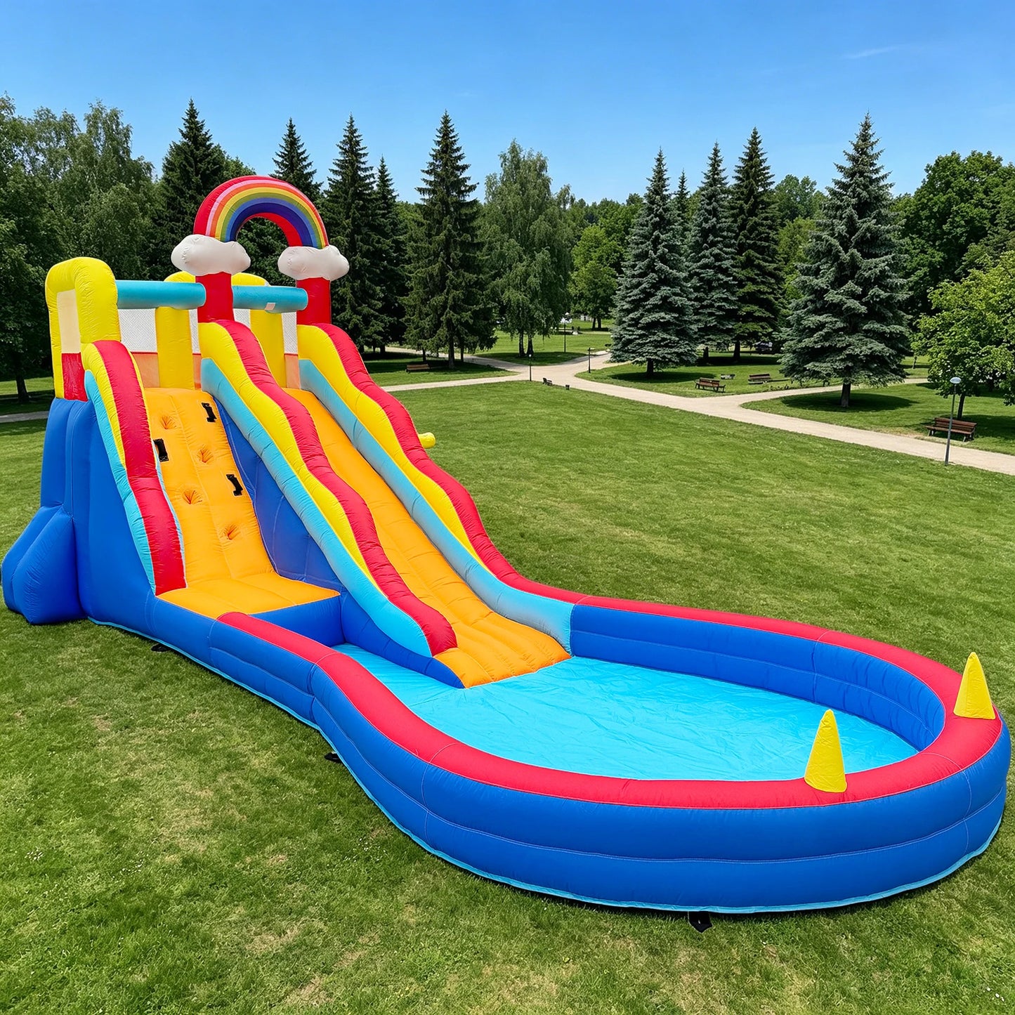 23FT Inflatable Double Lane Water Slide with Splash Pool & Water Sprayer, Heavy Duty Blow Up Backyard Water Park, Quick Inflation for Summer Outdoor Party