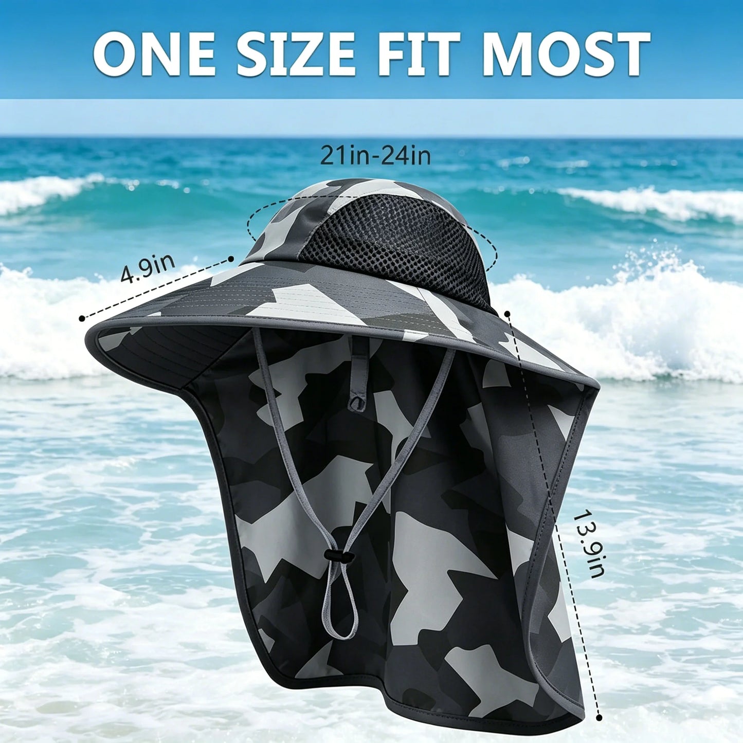 Camo Sun Hat Men Women UPF 50+ UV Protective Wide Brim Fishing Hat with Neck Flap Lightweight Outdoor Hiking Beach Sun Cap