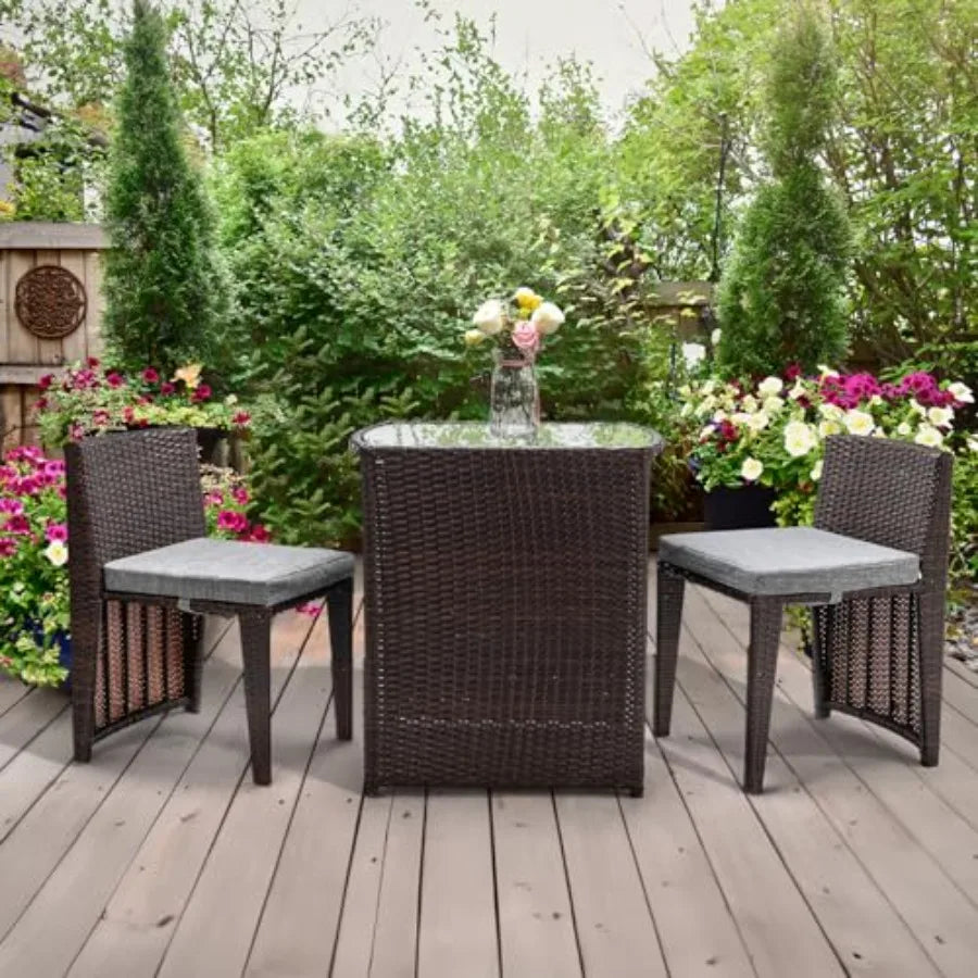Wicker Outdoor Patio Bistro Set Glass Top Table Chairs