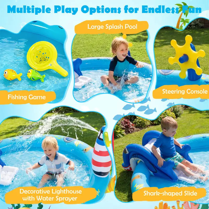 Inflatable Play Center Marine Life Spray Pool with Shark-shaped Slide Lighthouse Sprinkle