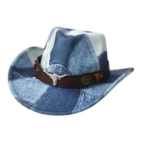 Men's Women's Denim Patchwork Western Cowboy Hat PU Leather Band Bull Head Decor