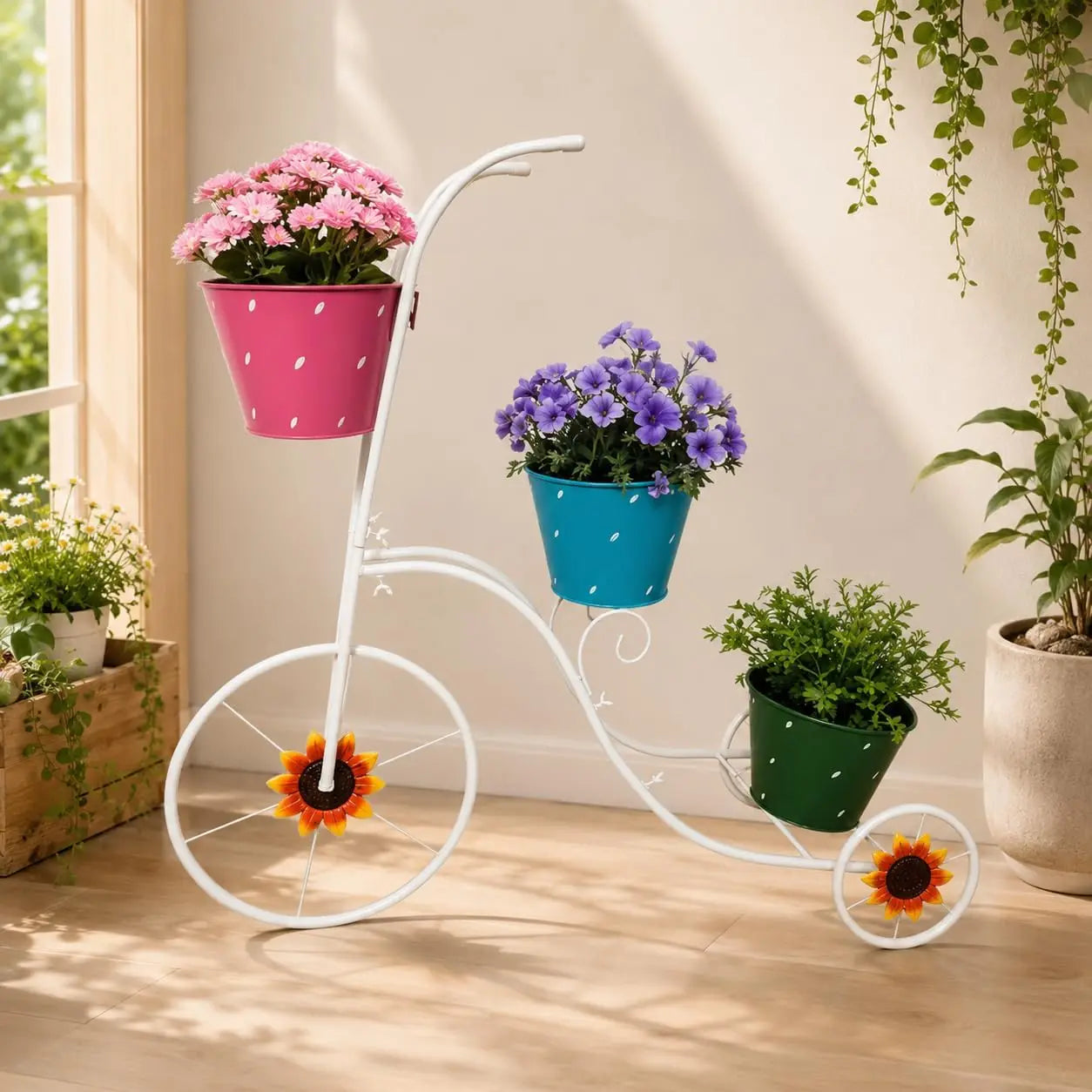 Tricycle Planter Stand with 3 Plant Bucket, White Metal Tricycle Planter, 3 Tier Floral Flower Plant Stand Holder Hand Painted Outdoor Garden Patio Decor