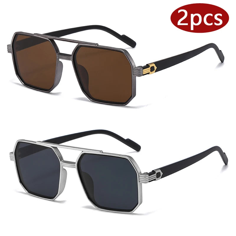 2pcs Trendy Metal Polygonal Pilot Sunglasses Luxury Double Beam Unisex UV400 Shades Perfect for Party Daily Wear Outdoor Driving Fashion Stylish Eyewear Ideal Holiday Gift for Men and Women