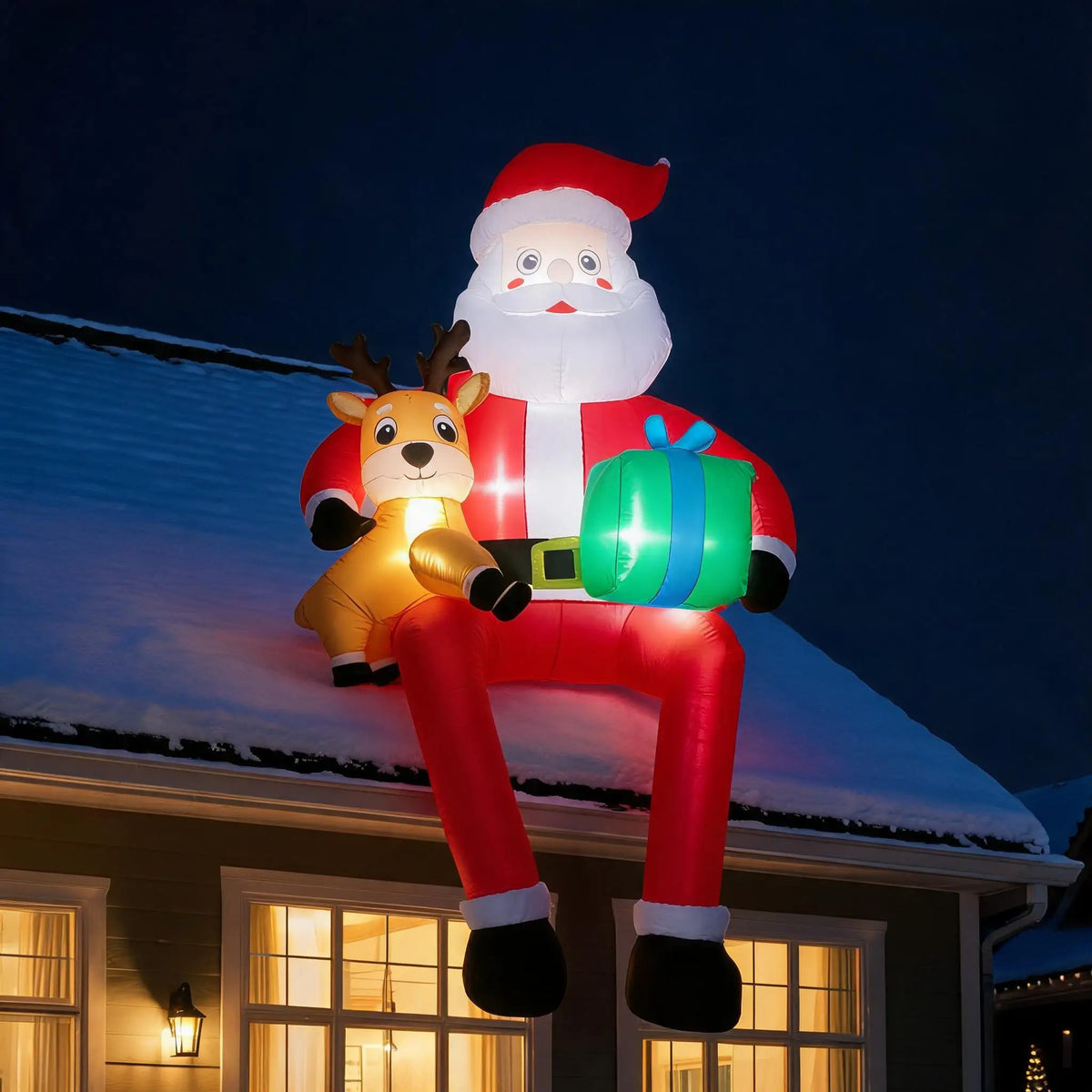 Lighted Christmas Inflatable Santa With Reindeer Outdoor Yard Display