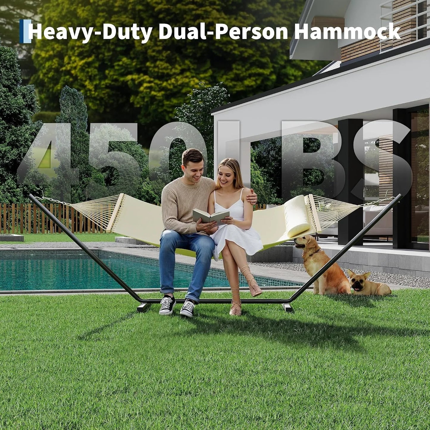 2-Person Hammock with Stand for Outside, 450lbs Double Hammock with Balance Rope and Pillow, Polyester Hammock Set for Backyard Poolside Camping Beach, Off White