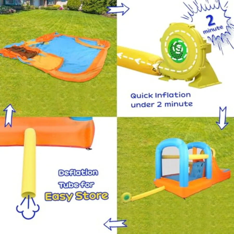 5-in-1 Iatable Water Slide Park, Water Bounce House w/Air Blower, Climbing Wall, Double Jump Area, Splash Pool, Water Cannon, W