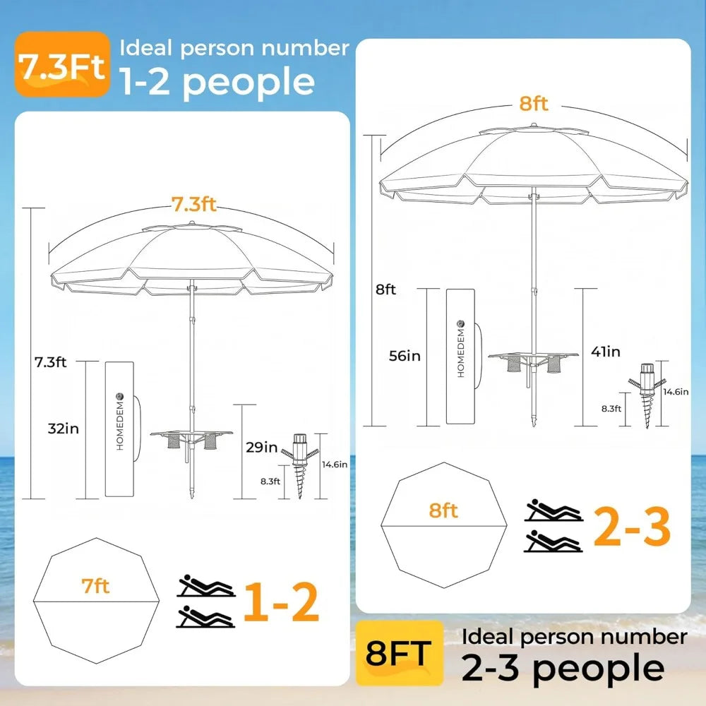 7FT Large Beach Umbrella with Weight Bag Sand Anchor Adjustable Aluminum Pole Table Windproof UPF 50