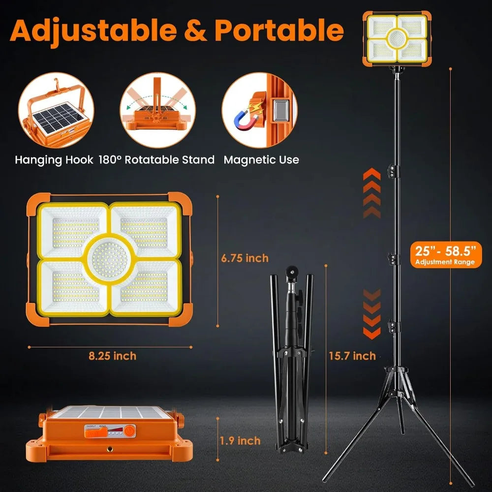 Portable Rechargeable Camping Light with Tripod, 12000mAh Solar LED Work Light, 5 Lighting Modes, Waterproof, for Camping, Car Repair & Emergency Use