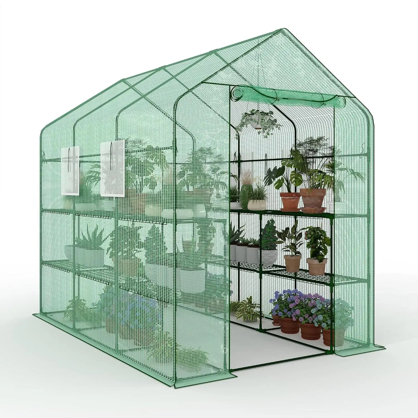 57x85x77in Walk-In Greenhouse With 8 Shelves, PE Cover, Mesh Windows & Zipper Door, Heavy Duty Plant House For Garden Backyard Patio