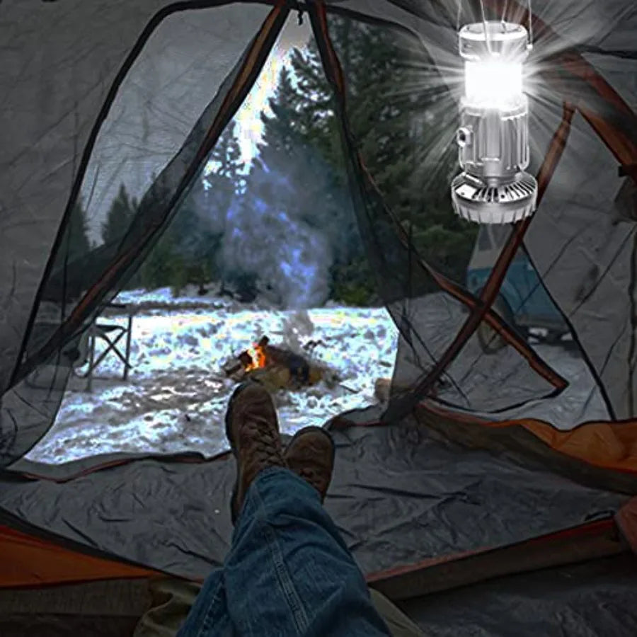 Solar Camping Lantern with Fan, Rechargeable Camping Fans Charging for Phone, Battery Operated Light for Hurricane Power Outage