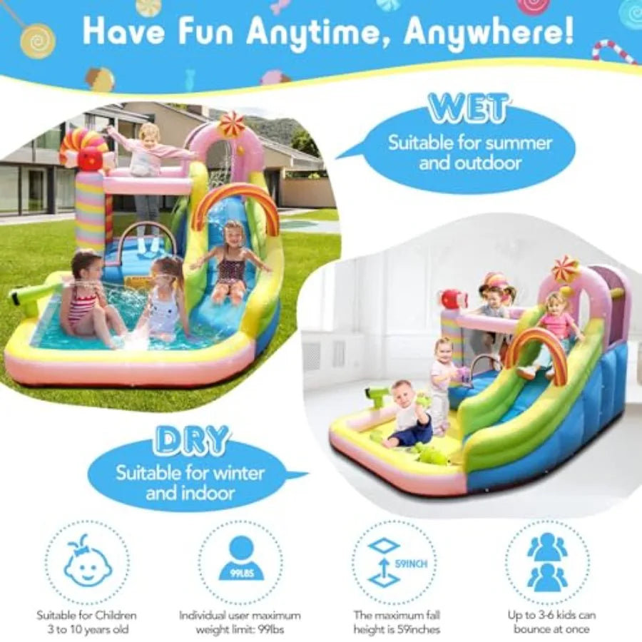 6-in-1 Iatable Water Slide Bounce House for Ages 3-10, Candy Iatable Water Park with Splash Pool, Climbing Wall, Basketball Hoo