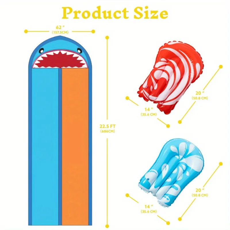 Joyfy Summer Water Slides with 2 Inflatable Boards 22.5ft Double Lane Splash Slip Lawn Water Slide Toy for Kids Adults Party