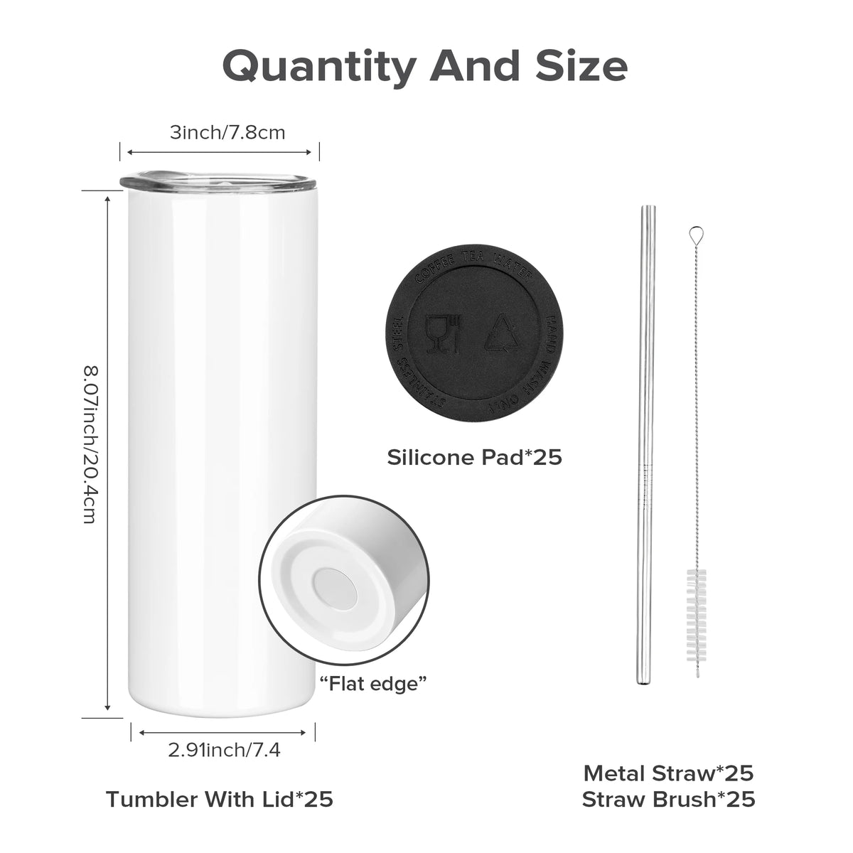 Sublimation Tumblers Blanks 20 oz 25 Pack Skinny Straight Tumblers Bulk Stainless Steel Insulated Sublimation Cups with Lid and