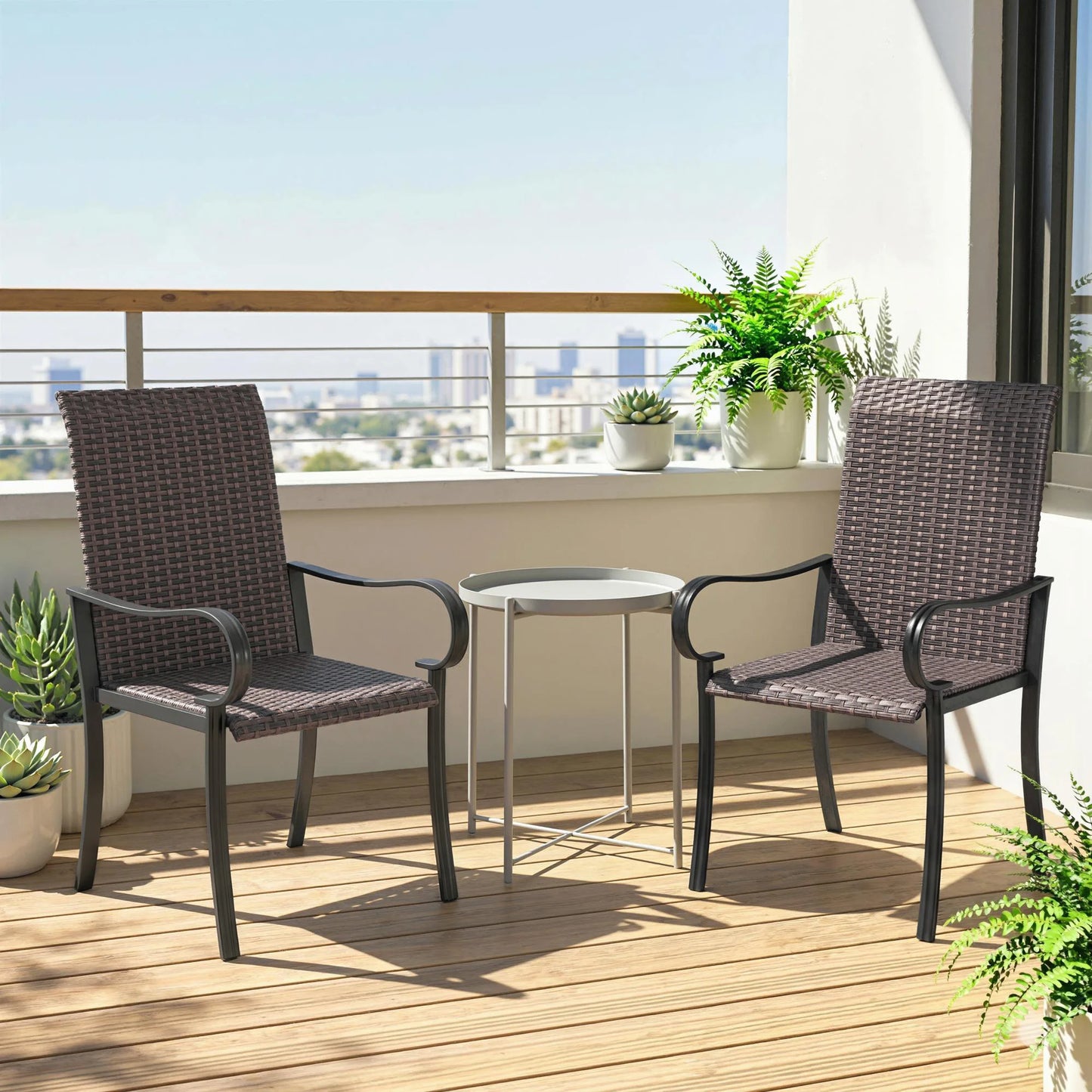 Set of 4 Outdoor Wicker Dining Chairs, All-Weather Rattan Armchairs with Armrests, Steel Frame, High Back and Deep Seating, Brown