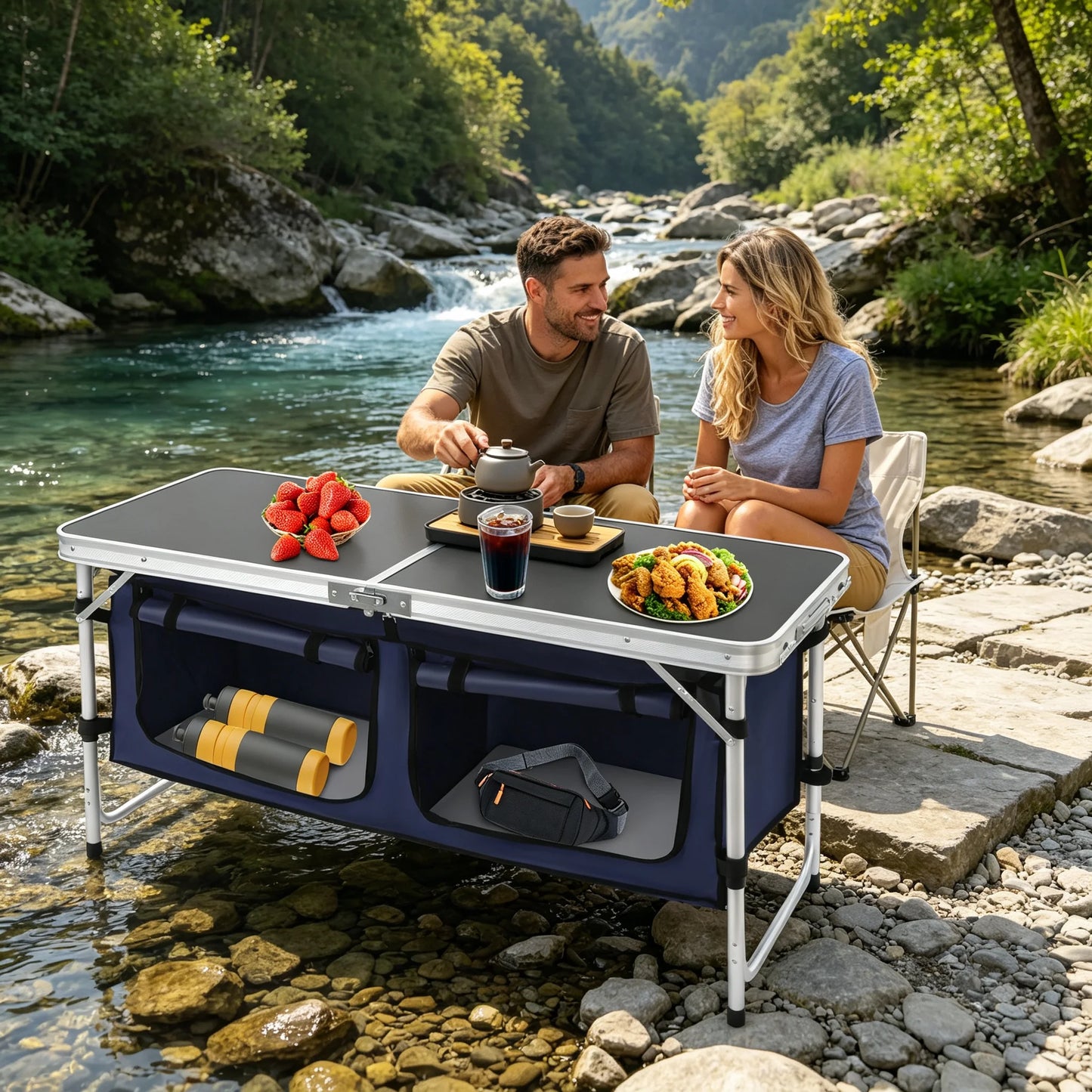 Folding Camping Table Foldable & Portable Camping Table Folding Camping Table with Adjustable Legs 120*47*70cm Dual Panels Adjustable Height Grip-and-go Feet for Travel Beach Backyards BBQ Party