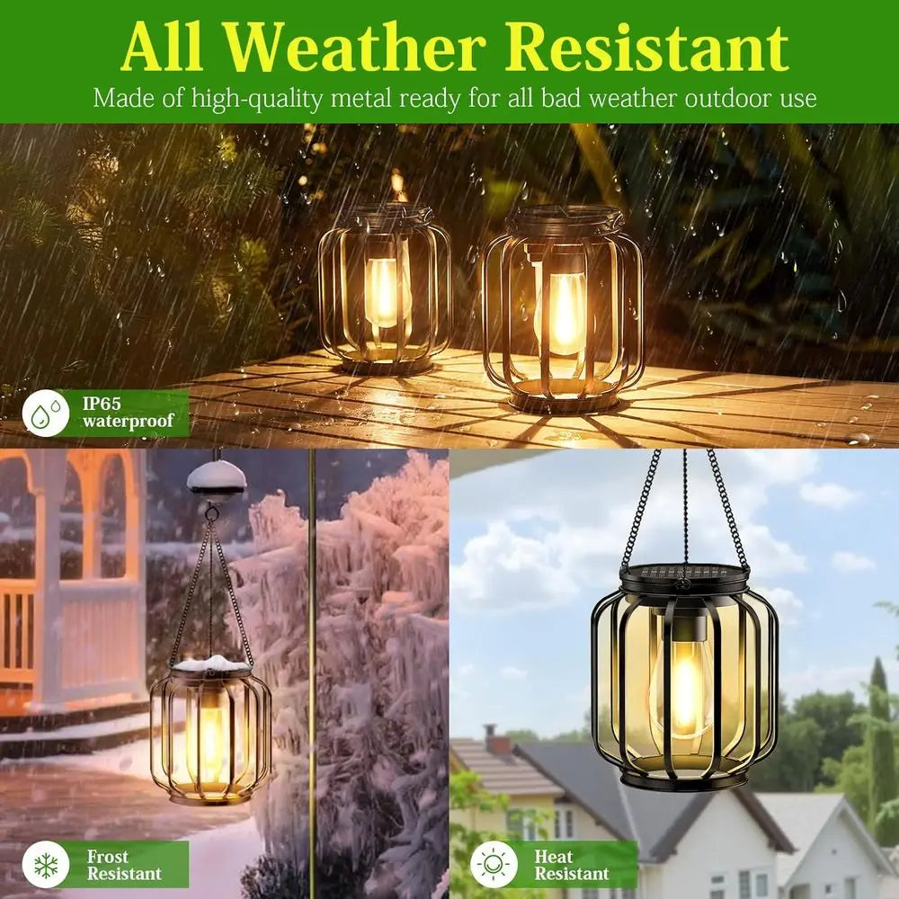 Hanging Lanterns Outdoor: 2 Pack Metal Hanging Lights with Hook, Bright Warm Waterproof LED Lanterns for Outside, Classic Decora