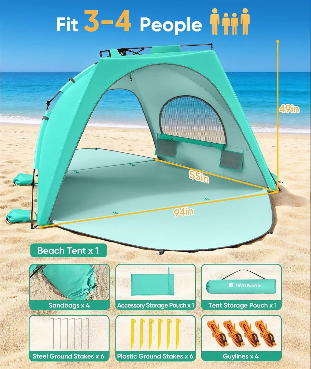 Beach Tent Sun Shelter for 5-6 Person, Pop Up Beach Canopy Waterproof Tarpaulin Awnings, UPF 30+ UV Protection, Breathable Mesh Window, Home Garden Party Tent,Portable Sun Shade Tent with Carrying Bag for Sands & Outdoor Beac