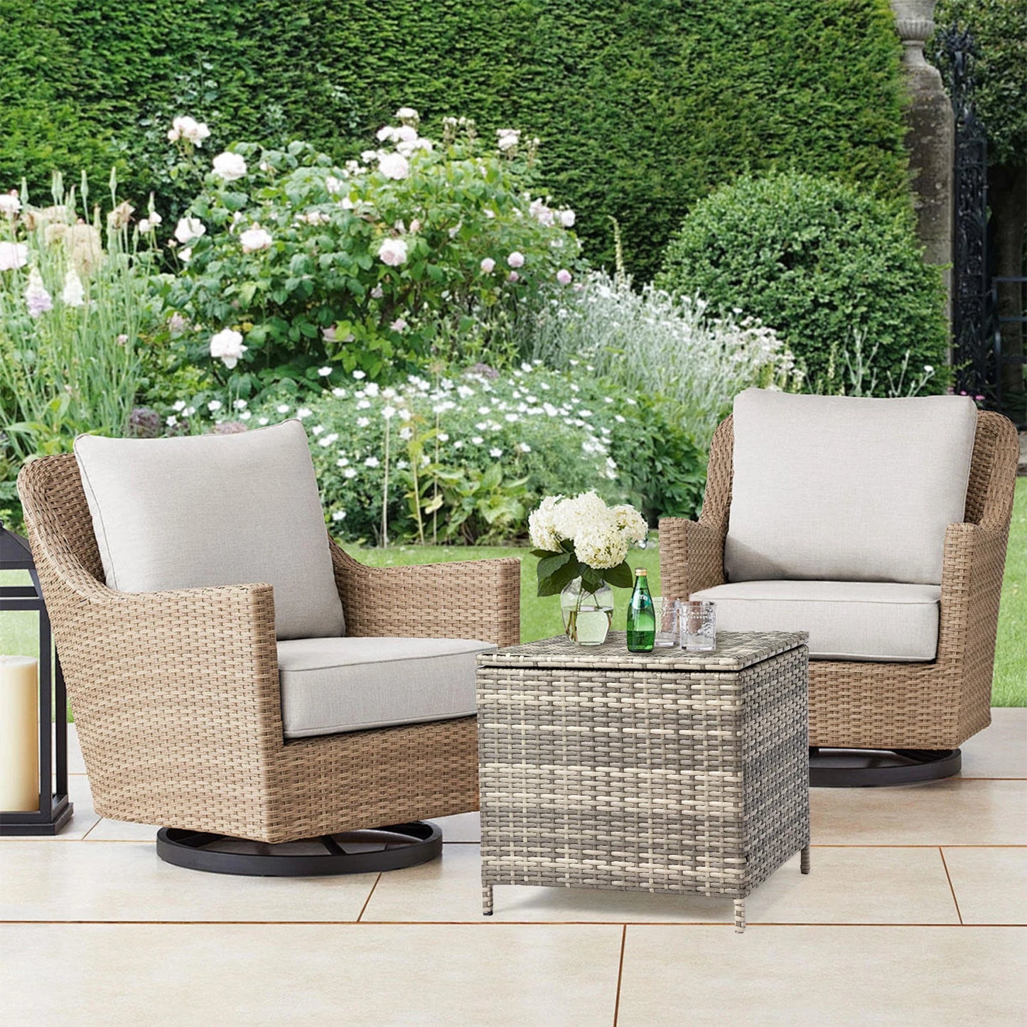 27 Gallon Outdoor PE Wicker Storage Side Table, 53×53×50cm All Weather Handwoven Rattan End Table with Sturdy Iron Frame, Dual Function Side Desk & Storage Bin for Patio Garden Backyard Store Tools Toys, Brown Gradient