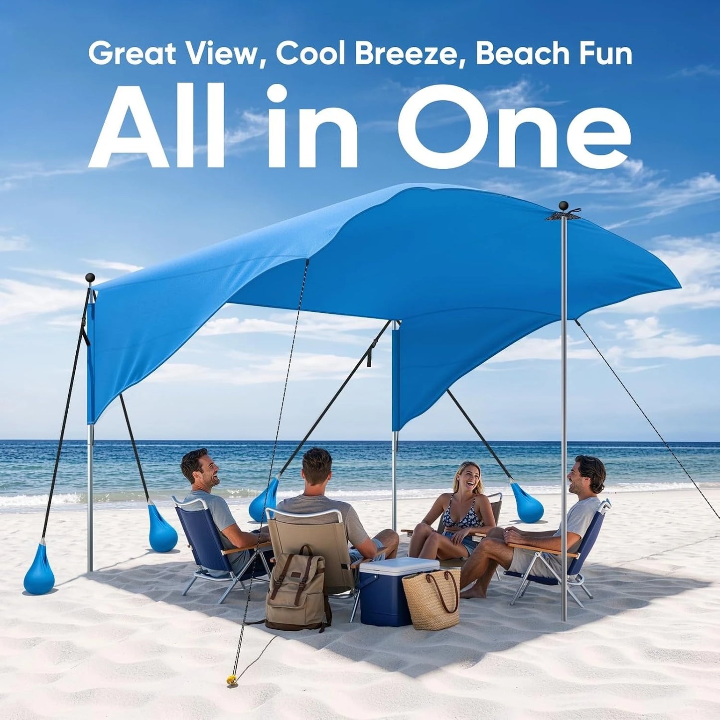Polyester Beach Shade Canopy, Heavy Duty Wind Supported Sunshade Sail For Outdoor Coastal Trips Family Travel And Backyard, Durable UPF 50 Plus Sun Protection Tent, Blue Single Pack